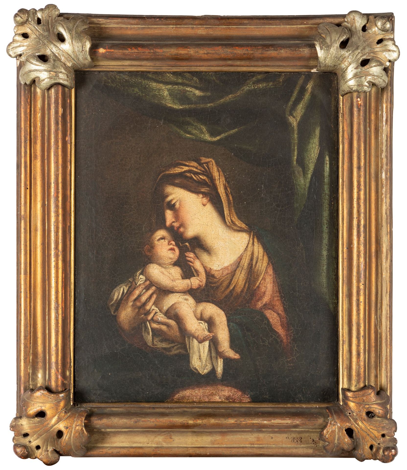 Scuola romana, fine secolo XVII - inizi secolo XVIII - Madonna with Child and green drapery in the b