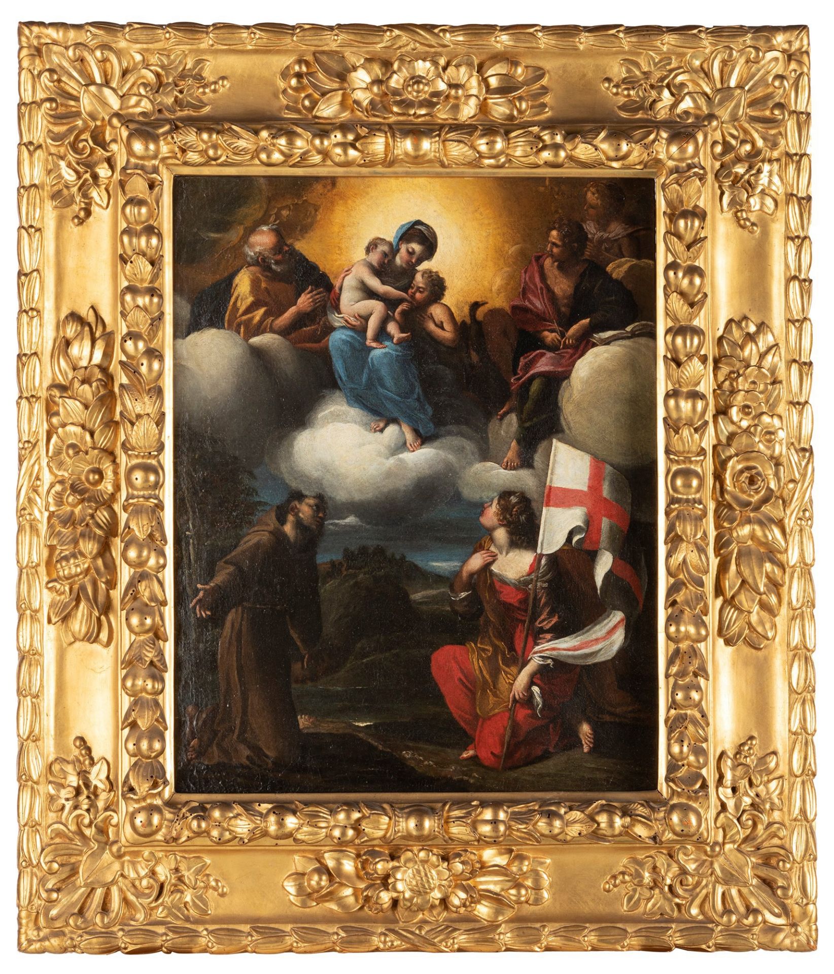 Scuola emiliana, secolo XVII - Madonna with Child in Glory, the infant Saint John, Saint John the ev