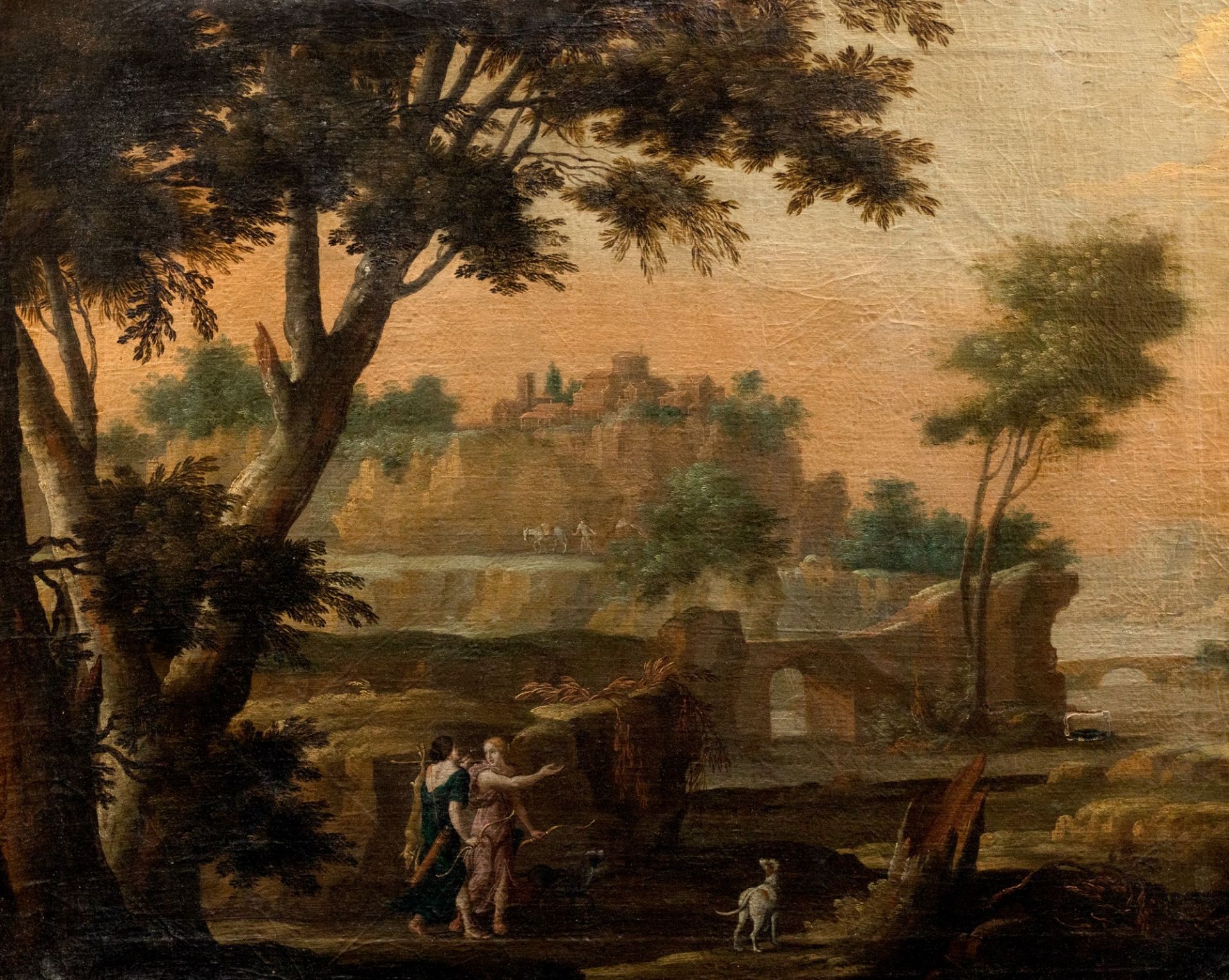 Pittore fiammingo attivo in Italia, secolo XVII - Arcadian landscape with hunter nymphs