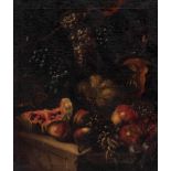 Scuola romana, secolo XVII - Grapes, pumpkins, pomegranates, watermelon and other fruits on a stone