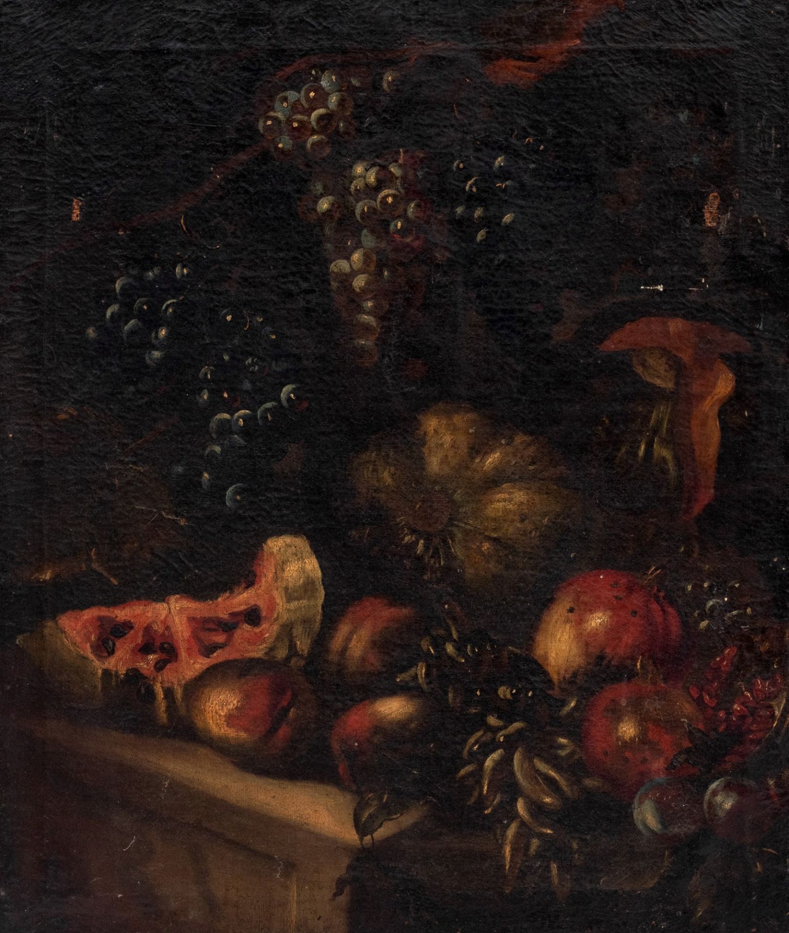 Scuola romana, secolo XVII - Grapes, pumpkins, pomegranates, watermelon and other fruits on a stone