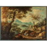 Scuola veneta, fine secolo XVIII - inizi secolo XIX - River landscape with resting shepherds and her