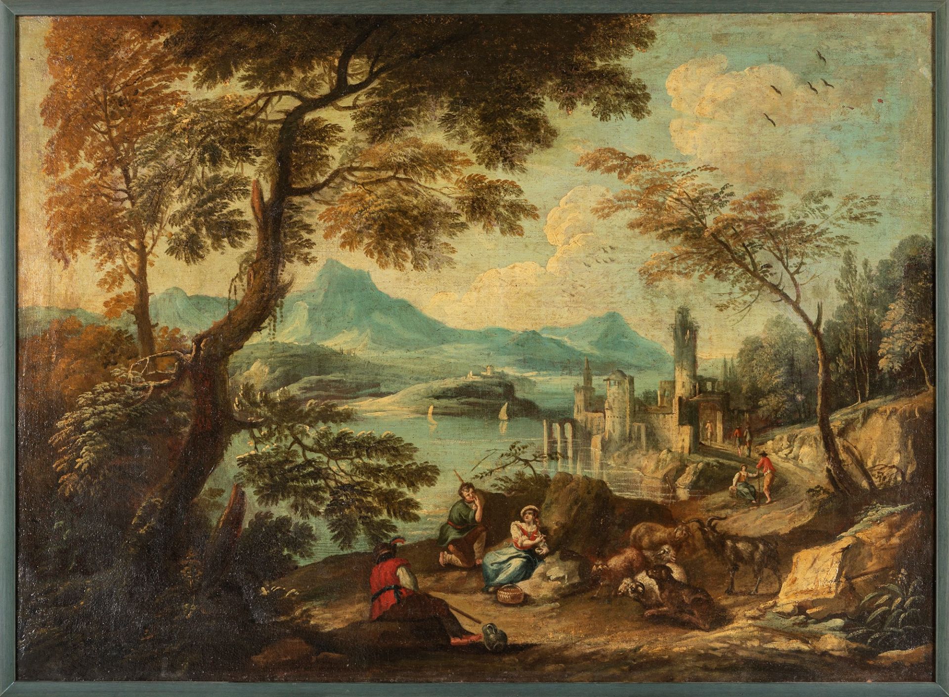 Scuola veneta, fine secolo XVIII - inizi secolo XIX - River landscape with resting shepherds and her