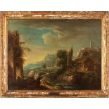 Scuola veneta, secolo XVIII - Landscape with travelers by a river, ruins, cottage and castle in the
