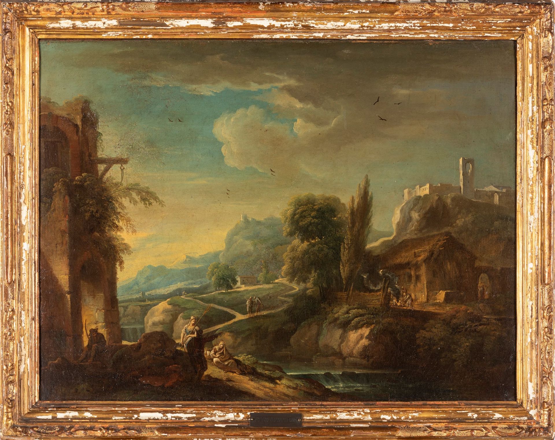 Scuola veneta, secolo XVIII - Landscape with travelers by a river, ruins, cottage and castle in the