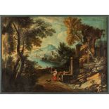 Scuola veneta, fine secolo XVIII - inizi secolo XIX - River landscape with parked travelers, castle
