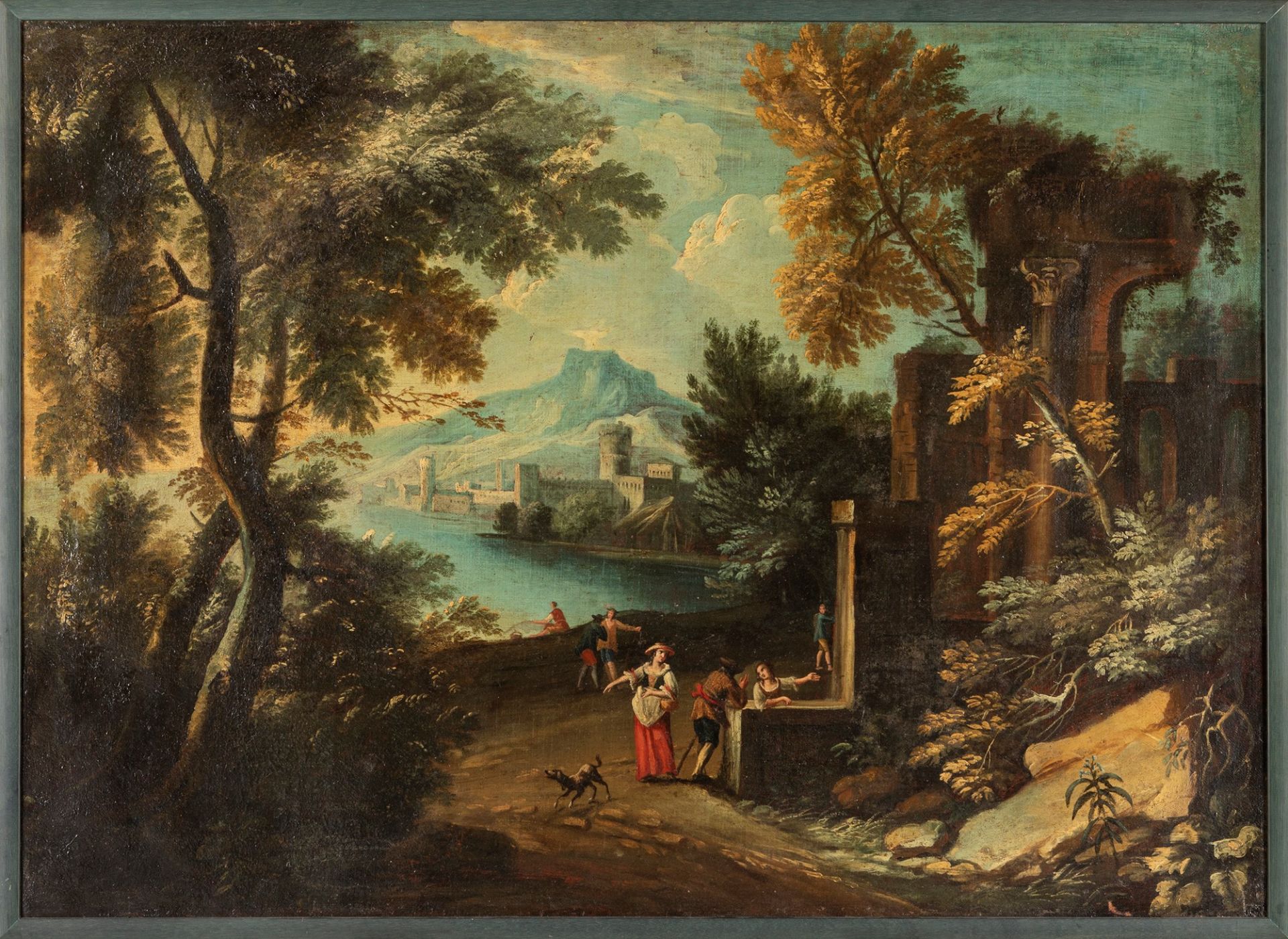 Scuola veneta, fine secolo XVIII - inizi secolo XIX - River landscape with parked travelers, castle