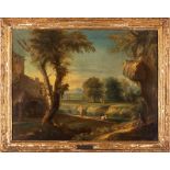 Scuola veneta, secolo XVIII - Landscape with washerwomen and wayfarers by a river and cottage