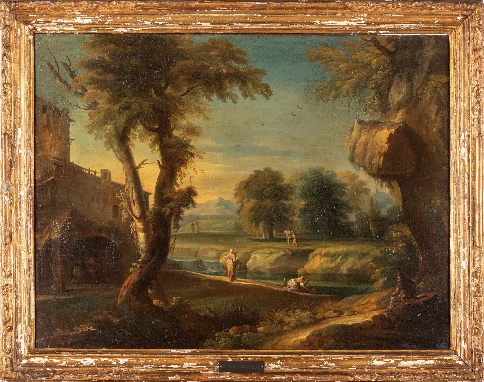 Scuola veneta, secolo XVIII - Landscape with washerwomen and wayfarers by a river and cottage