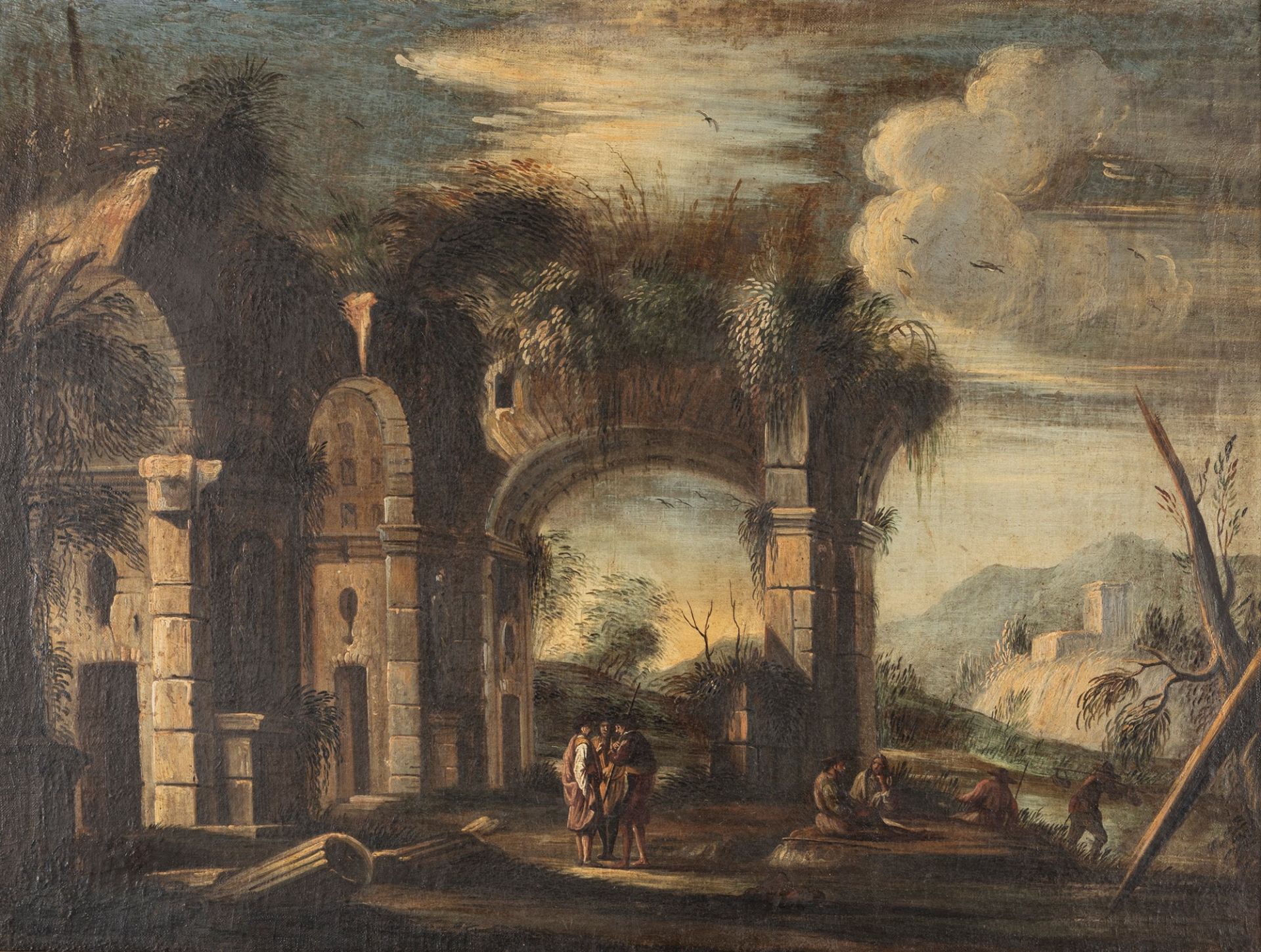 Scuola dell'Italia settentrionale, secolo XVIII - Architectural capriccio with wayfarers and a river - Image 2 of 3