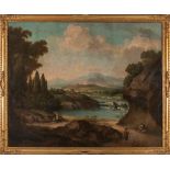 Scuola romana, fine secolo XVII - inizi secolo XVIII - River landscape with figures and a vlllage in
