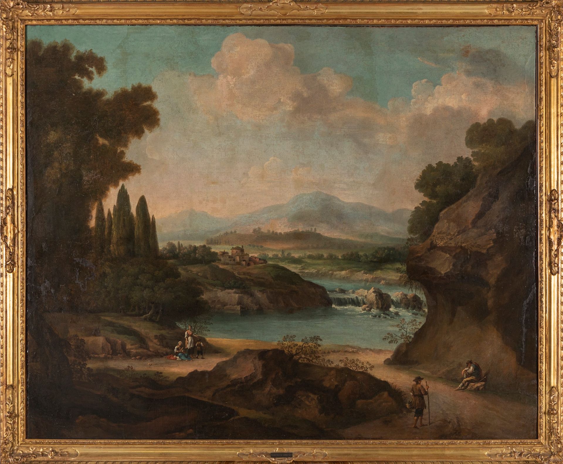 Scuola romana, fine secolo XVII - inizi secolo XVIII - River landscape with figures and a vlllage in