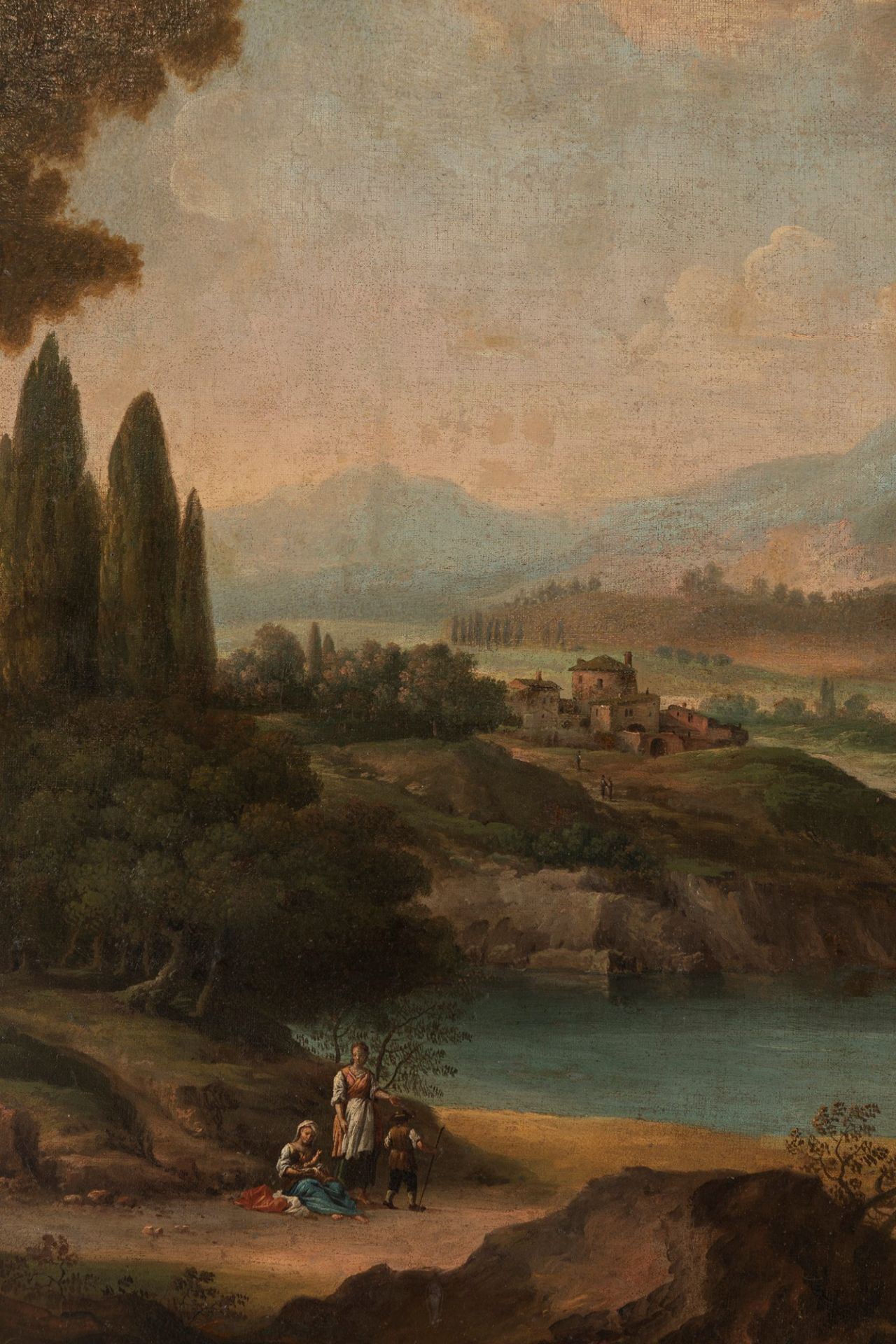 Scuola romana, fine secolo XVII - inizi secolo XVIII - River landscape with figures and a vlllage in - Image 3 of 4