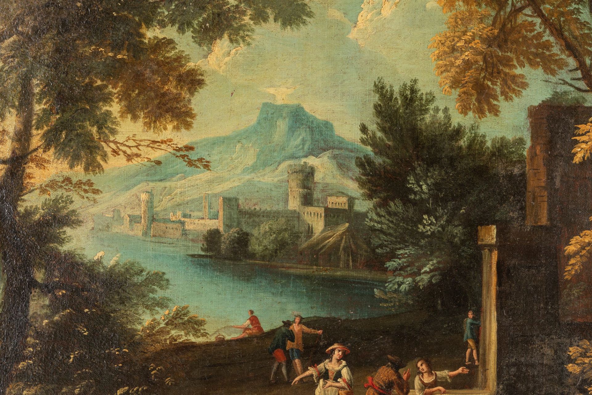 Scuola veneta, fine secolo XVIII - inizi secolo XIX - River landscape with parked travelers, castle - Image 2 of 3