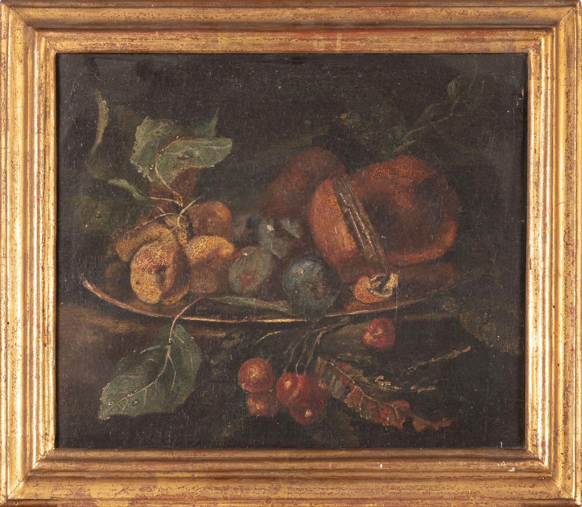 Scuola italiana, secolo XVII - Stand with cherries, plums and other fruits