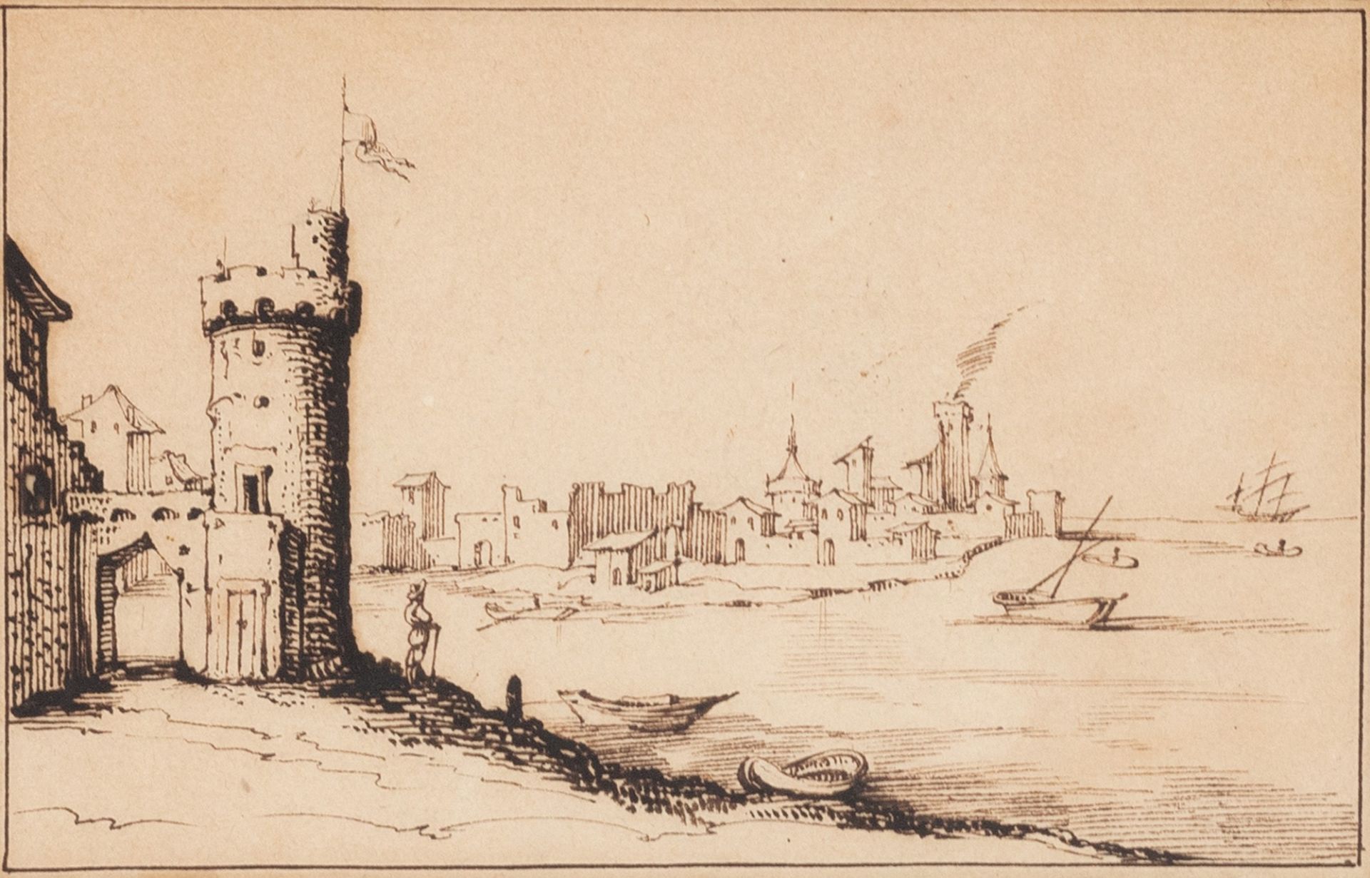 Pittore fiammingo attivo in Italia, secolo XVII - Marina with harbour and circular tower - Image 2 of 3