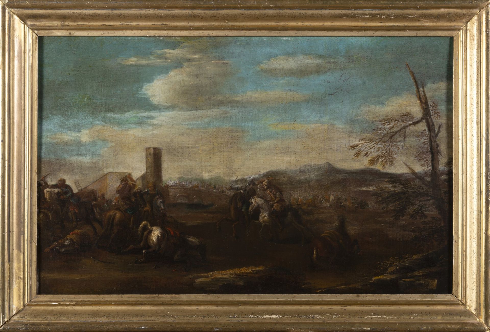 Scuola italiana, secolo XVII - Landscape with a battle scene