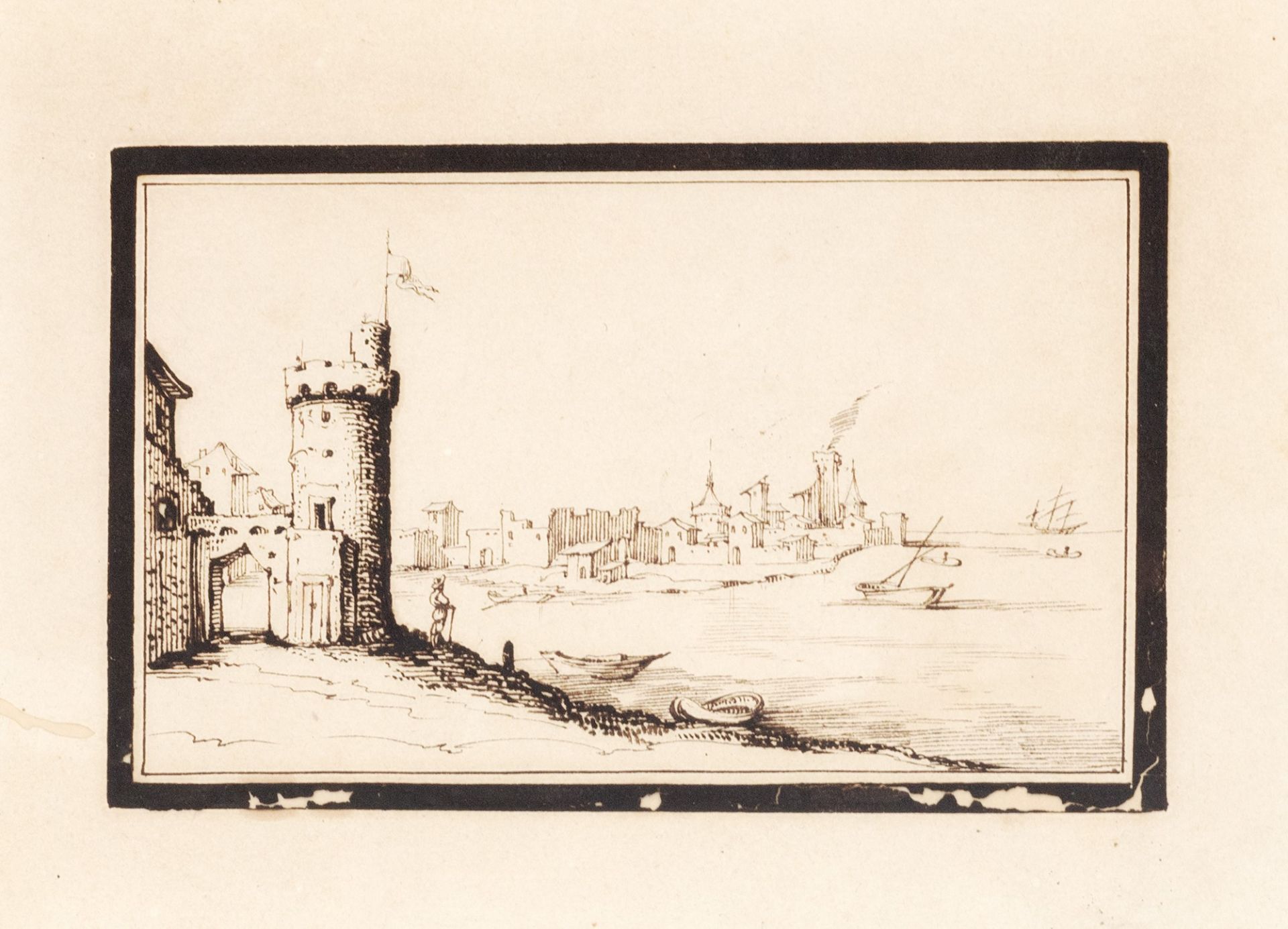 Pittore fiammingo attivo in Italia, secolo XVII - Marina with harbour and circular tower - Image 3 of 3