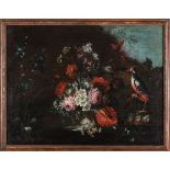 Scuola emiliana, fine secolo XVII - inizio secolo XVIII - Flowers with woodpecker en plein air