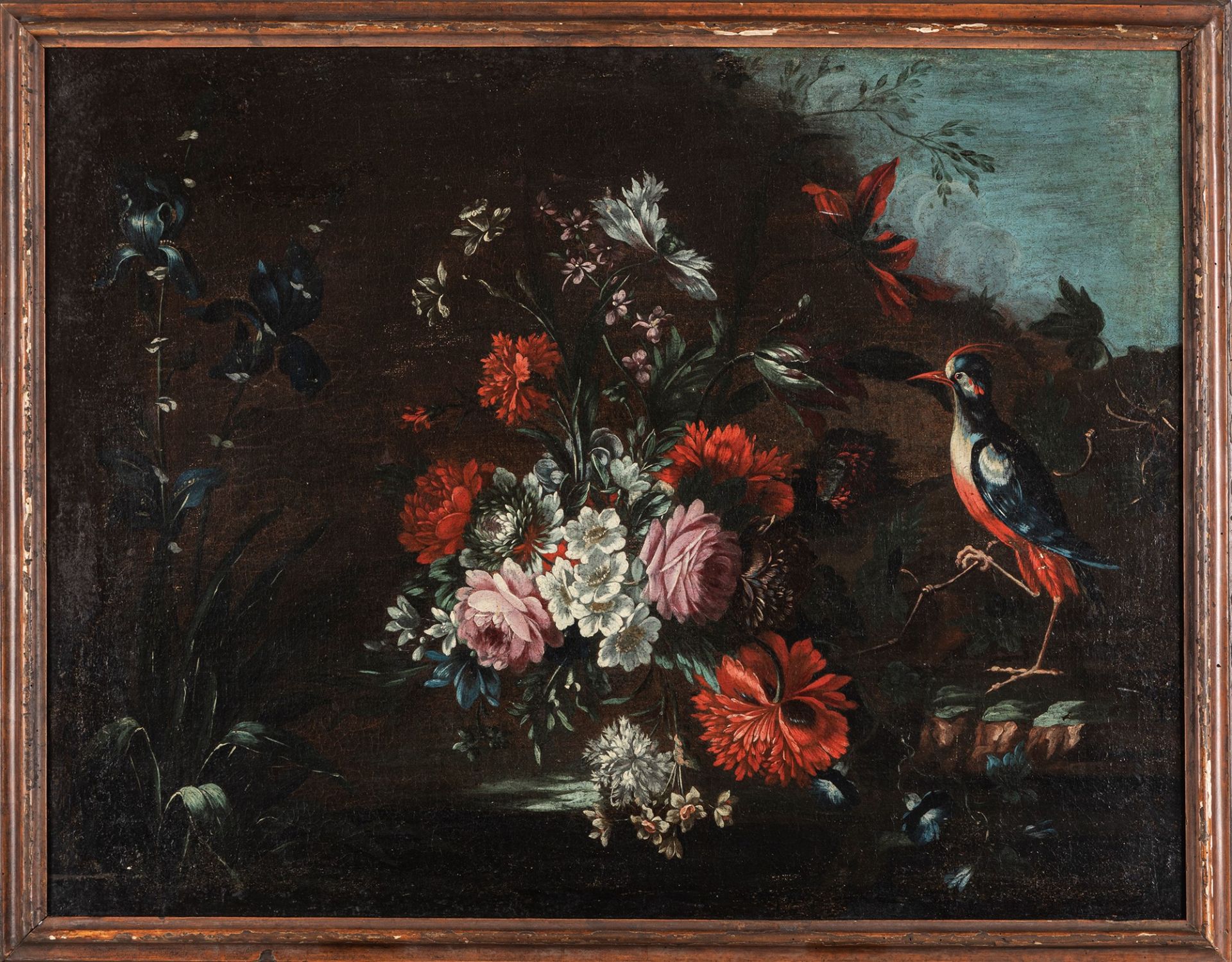 Scuola emiliana, fine secolo XVII - inizio secolo XVIII - Flowers with woodpecker en plein air