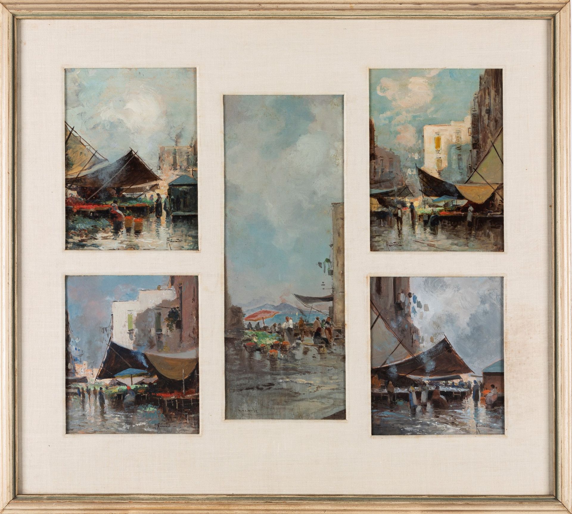 Oscar Ricciardi (Napoli 1864-1935) - Five market scenes in Naples mounted in a single frame