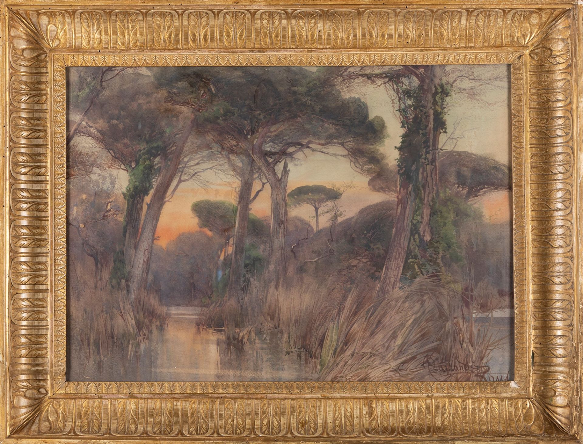 Onorato Carlandi (Roma 1848-1939) - "Sunset in the forest of Castel Fusano" - Image 2 of 3