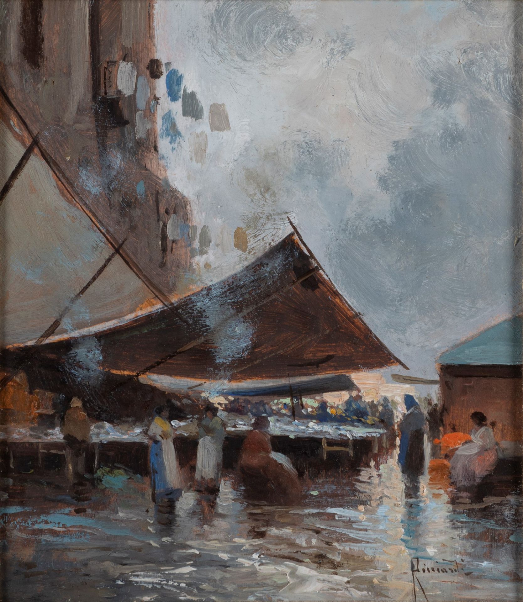 Oscar Ricciardi (Napoli 1864-1935) - Five market scenes in Naples mounted in a single frame - Bild 6 aus 7