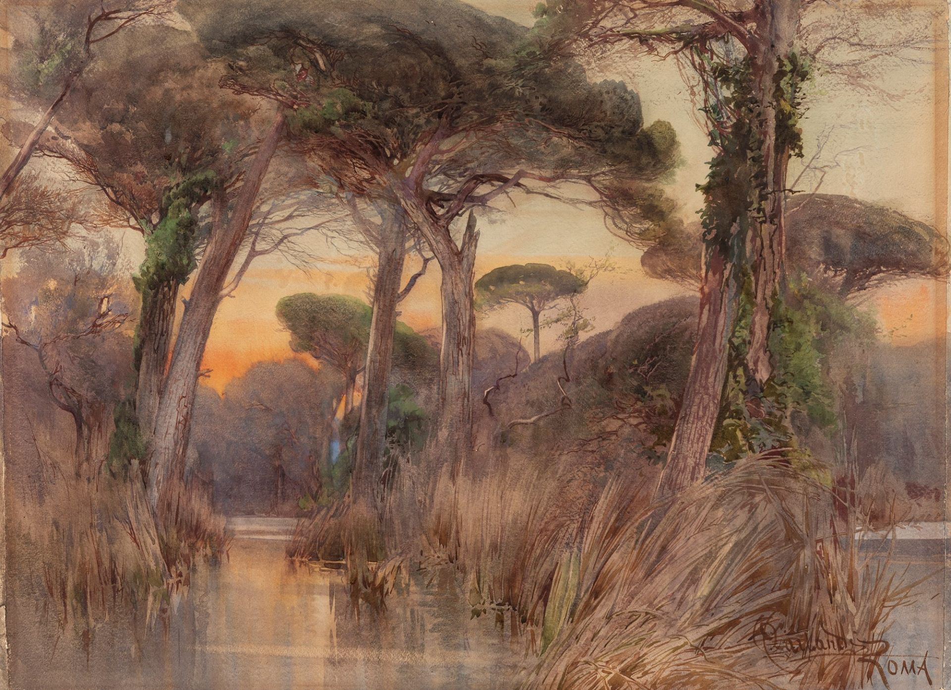 Onorato Carlandi (Roma 1848-1939) - "Sunset in the forest of Castel Fusano"