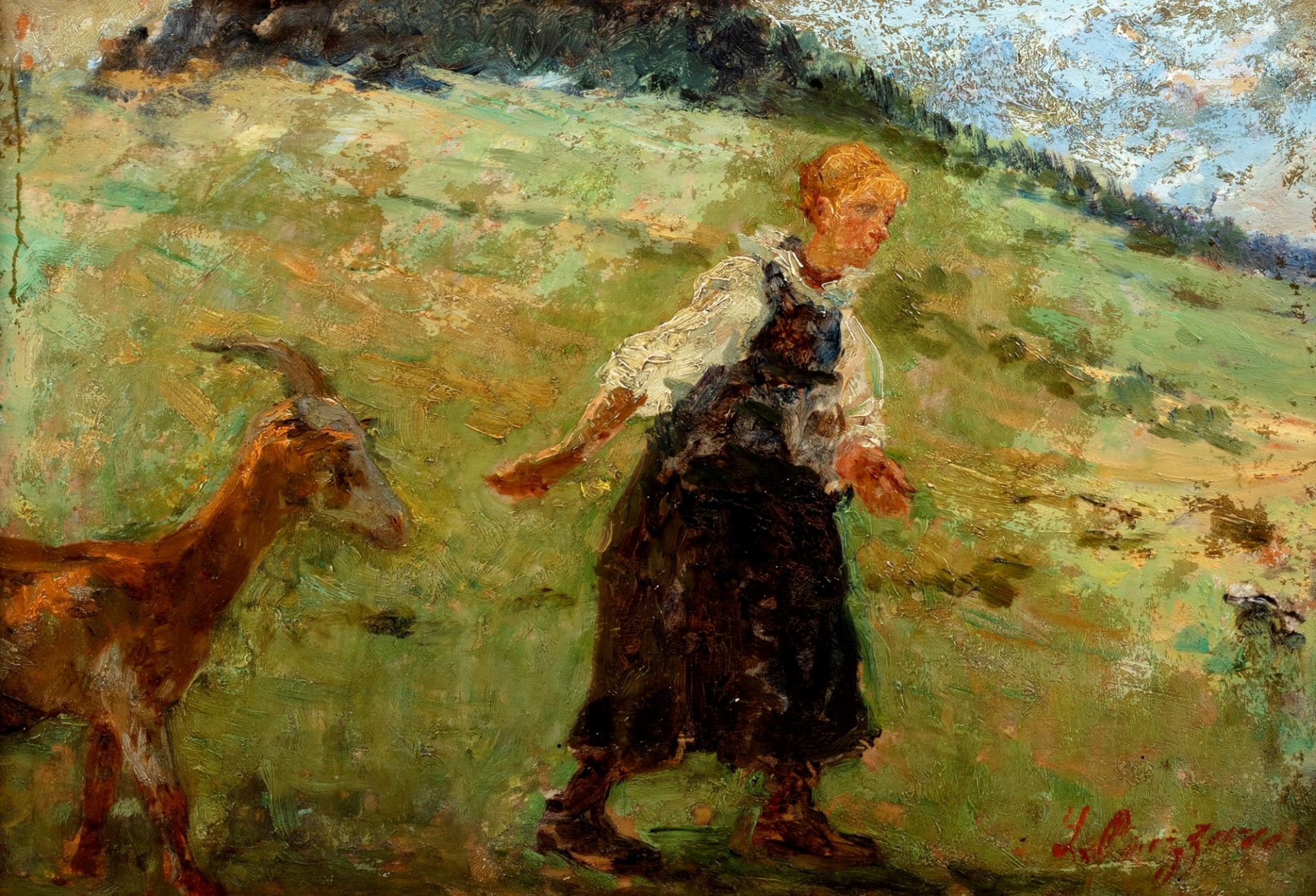 Leonardo Bazzaro (Milano 1853-1937) - Shepherdess with little goat, 1930-1935