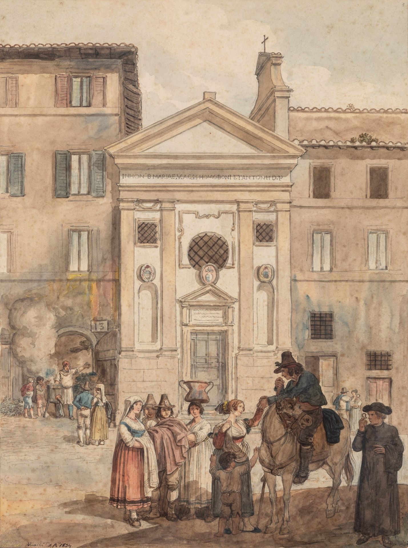 Bartolomeo Pinelli (Roma 1781-1835) - Rome, life in front of the church of S. Omobono, 1834