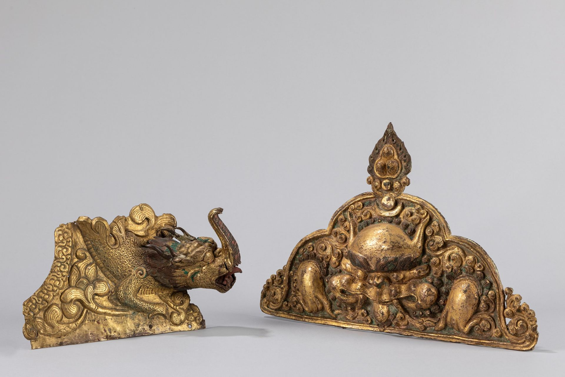 Two gilt copper repoussŽ plaques. Tibet, 18th century