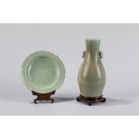 A celadon-glazed dish, China, 18th/19th century and a celadon glaze two-handled vase