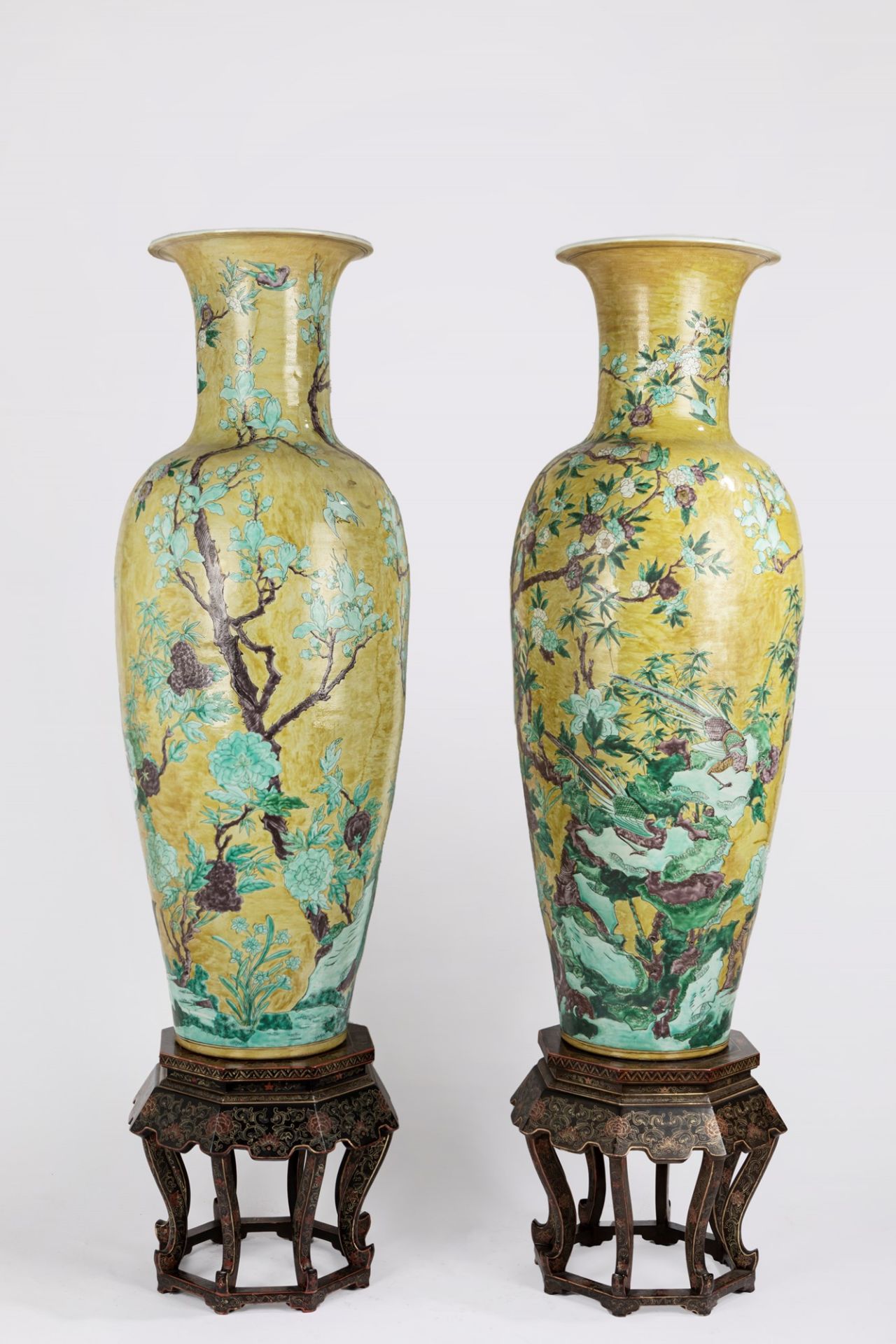 A pair of very large yellow ground porcelain vases. China, mid 20th century