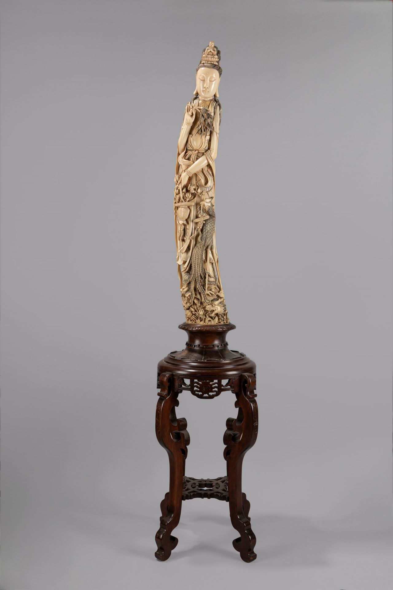 *Large finely carved ivory Guanyin. China, early 20th century