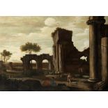 Pittore francese attivo a Roma, secolo XVII - Landscape with ancient ruins and figures