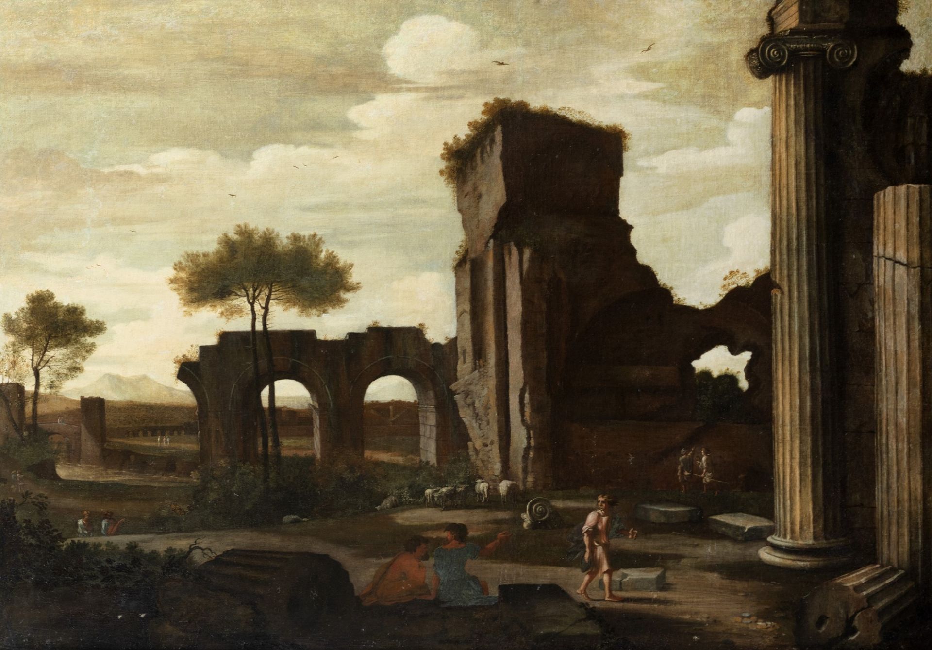 Pittore francese attivo a Roma, secolo XVII - Landscape with ancient ruins and figures