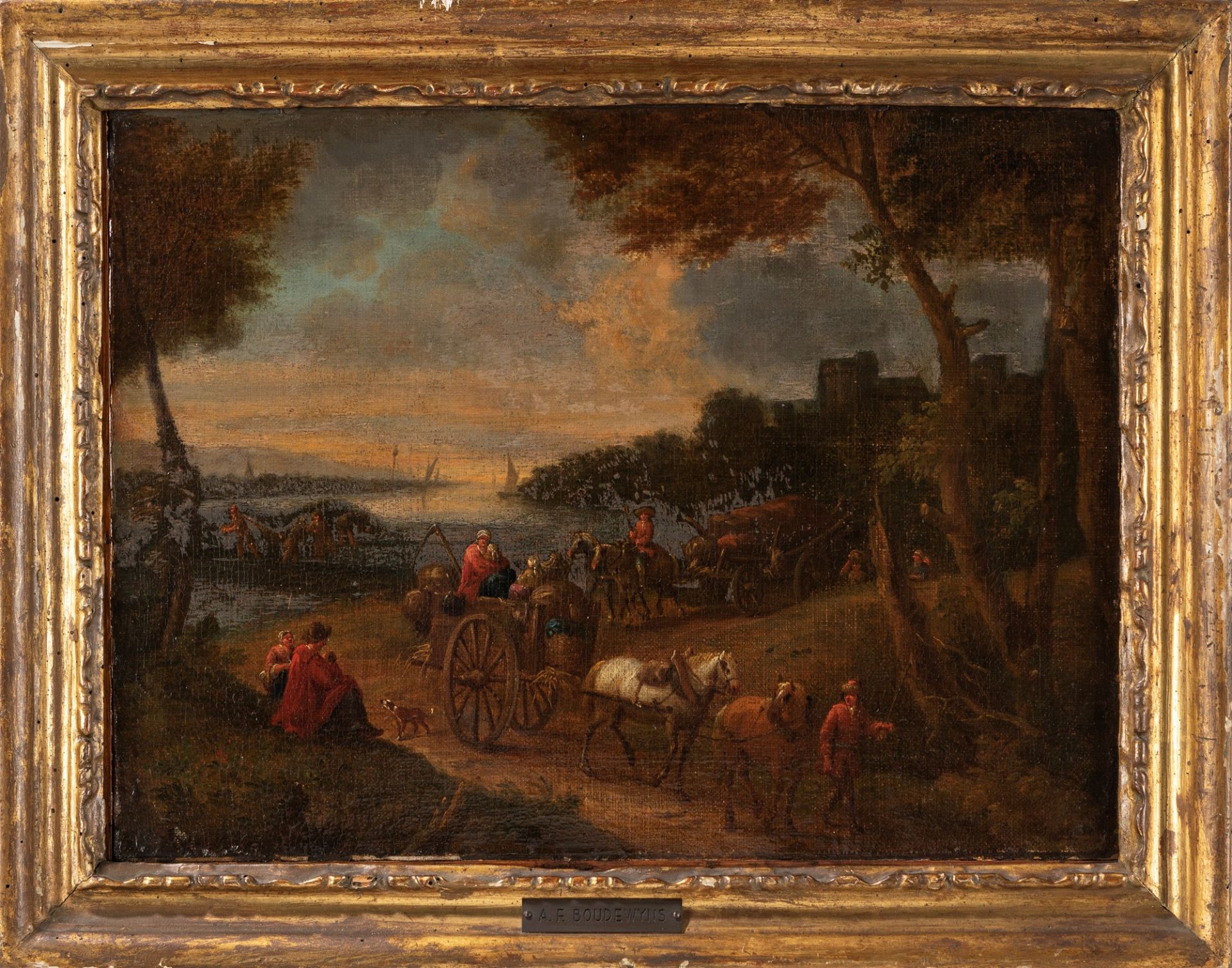 Scuola fiamminga, fine secolo XVII - inizi secolo XVIII - River landscape with figures and a village