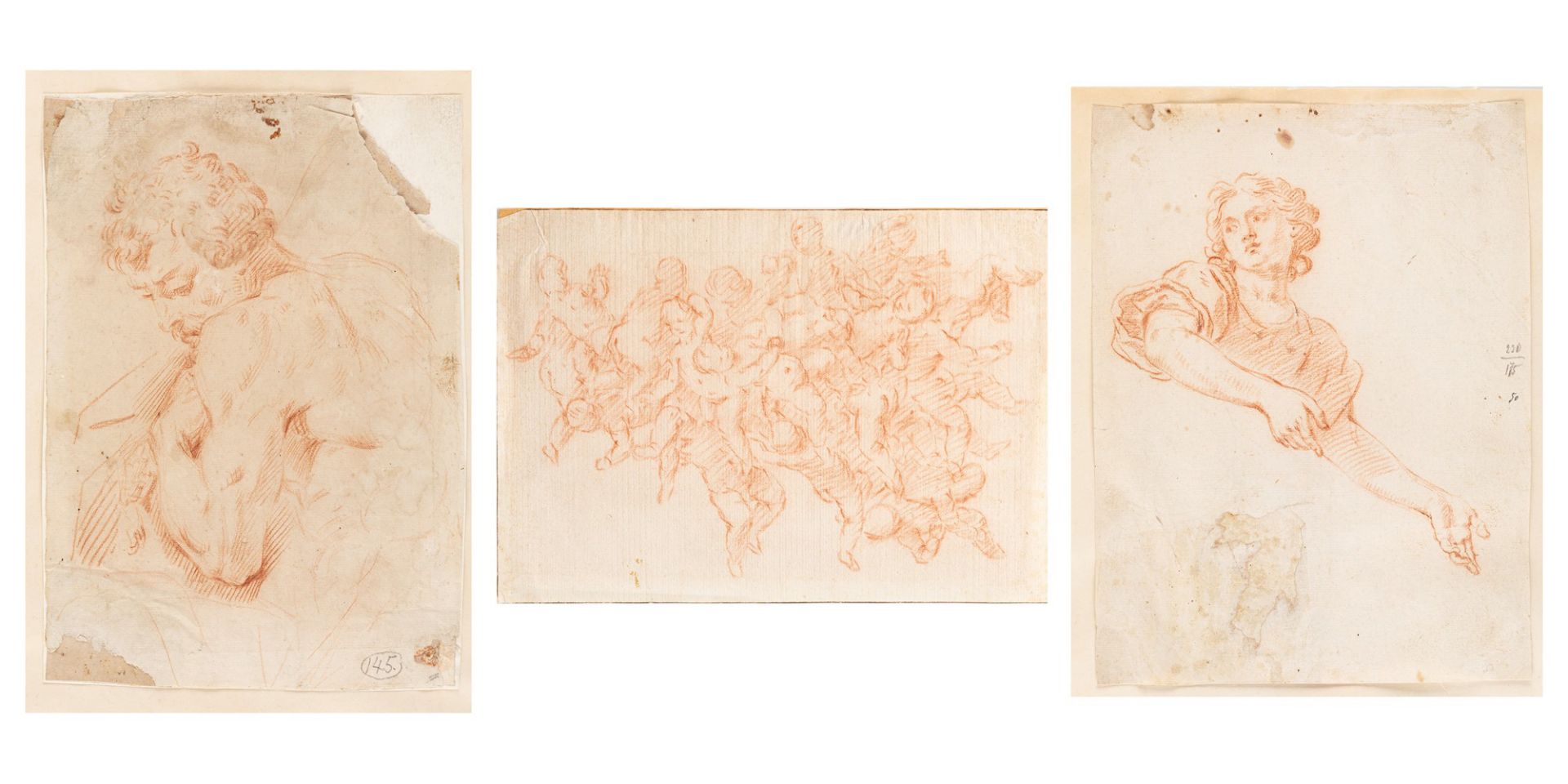 Lot consisting of three red chalk drawings of Emilian school, 17th - 18th centuries