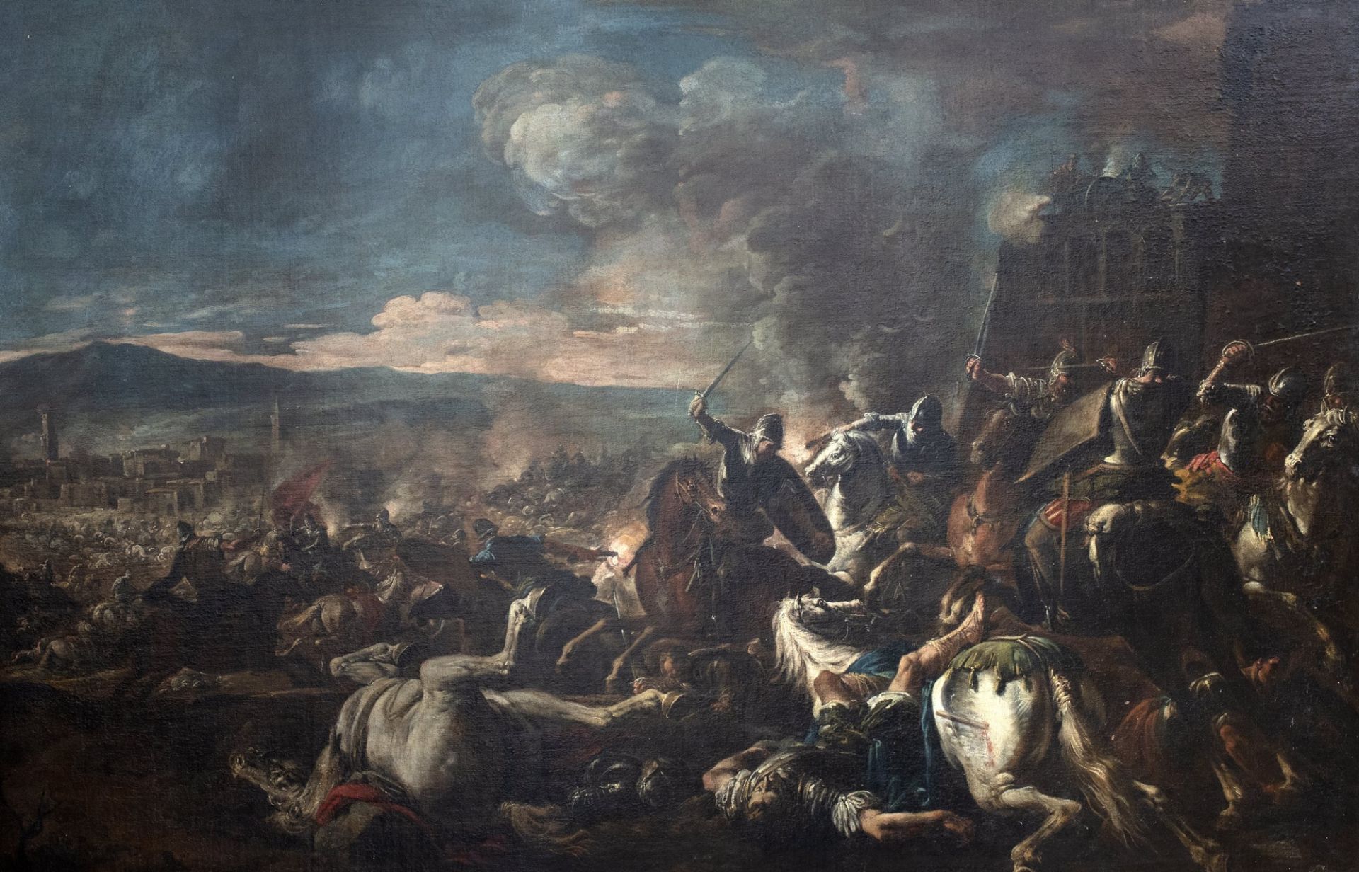 Scuola dell'Italia settentrionale, fine secolo XVII - inizi secolo XVIII - Battle scene with a city - Image 2 of 4