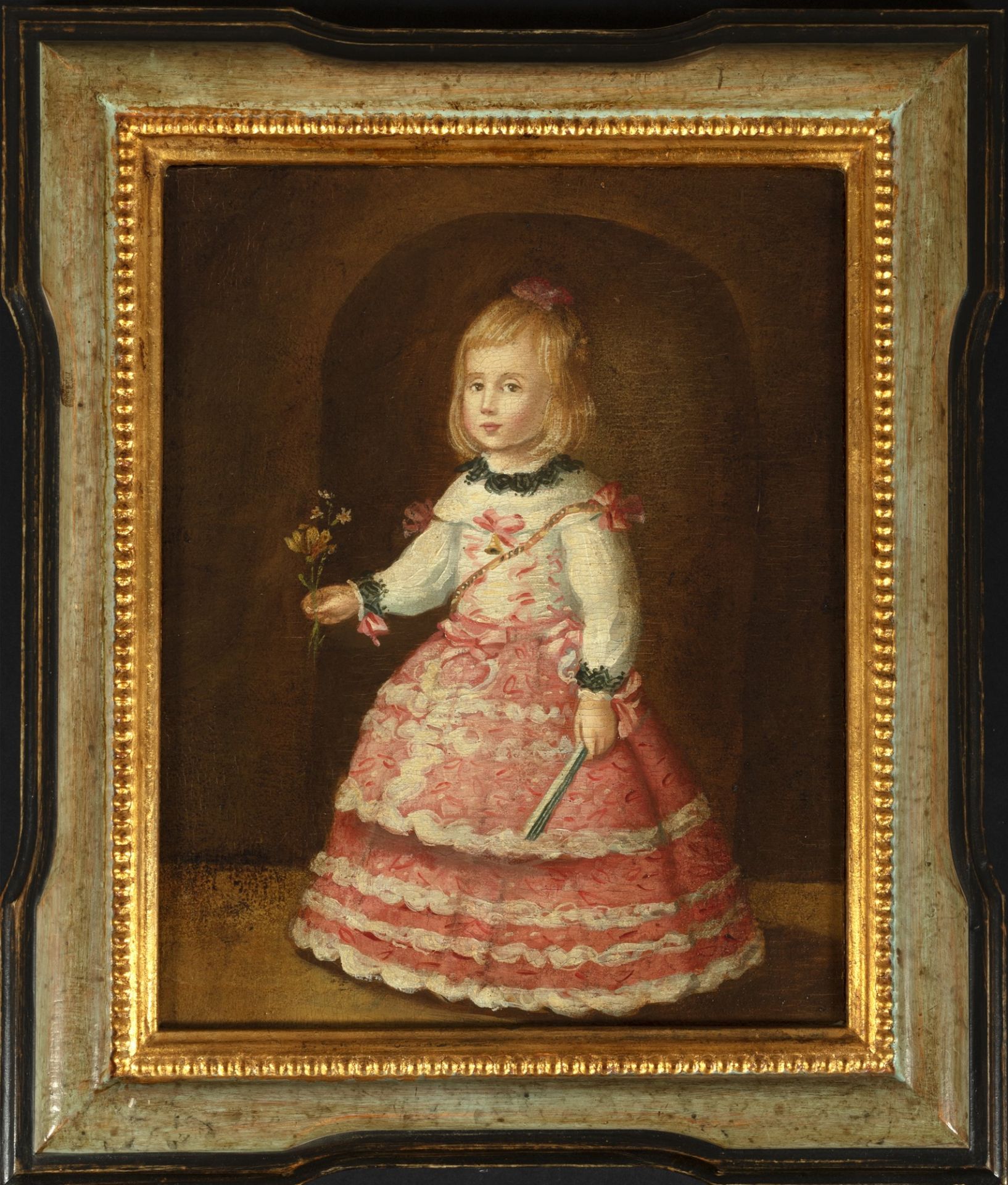 Maniera di Velazquez - Portrait of little girl in pink dress and flowers in her hand