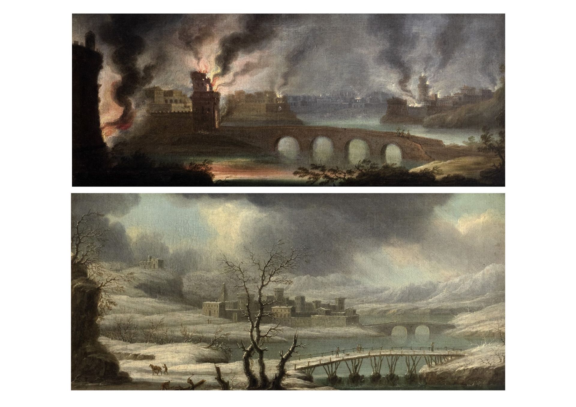 Orazio Grevembroek (attivo a Napoli circa 1670 - 1730) - Winter landscape with bridges and wayfarers