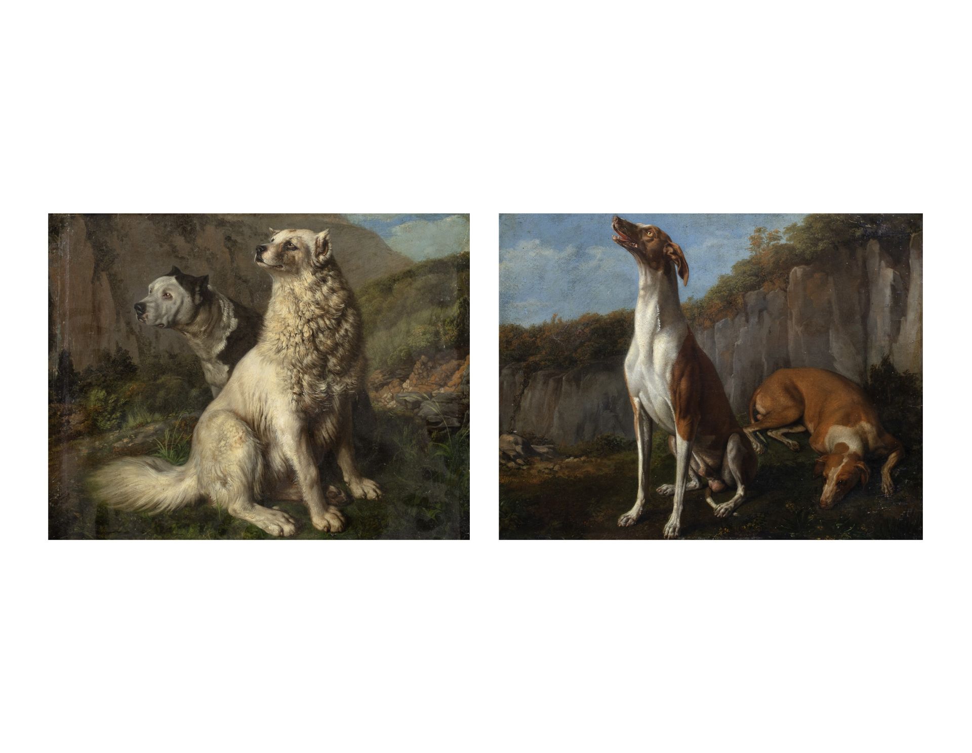 Scuola Napoletana, inizi del XIX - Due paesaggi con cani a riposo