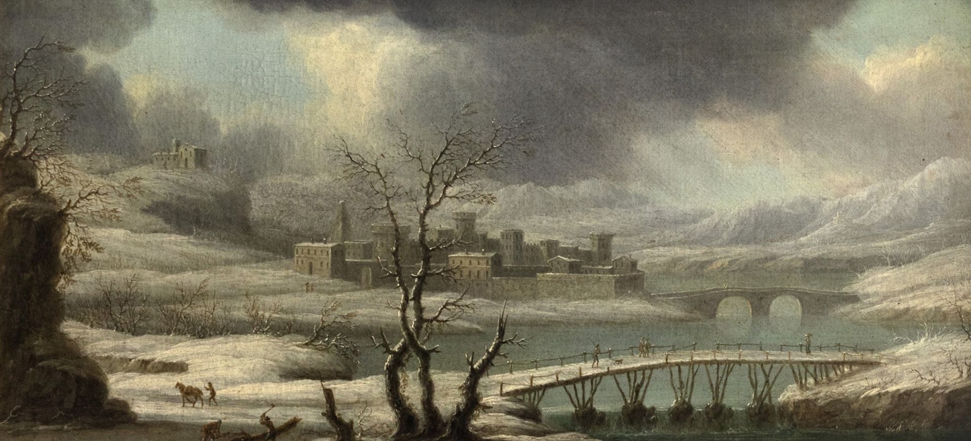 Orazio Grevembroek (attivo a Napoli circa 1670 - 1730) - Winter landscape with bridges and wayfarers - Image 4 of 8