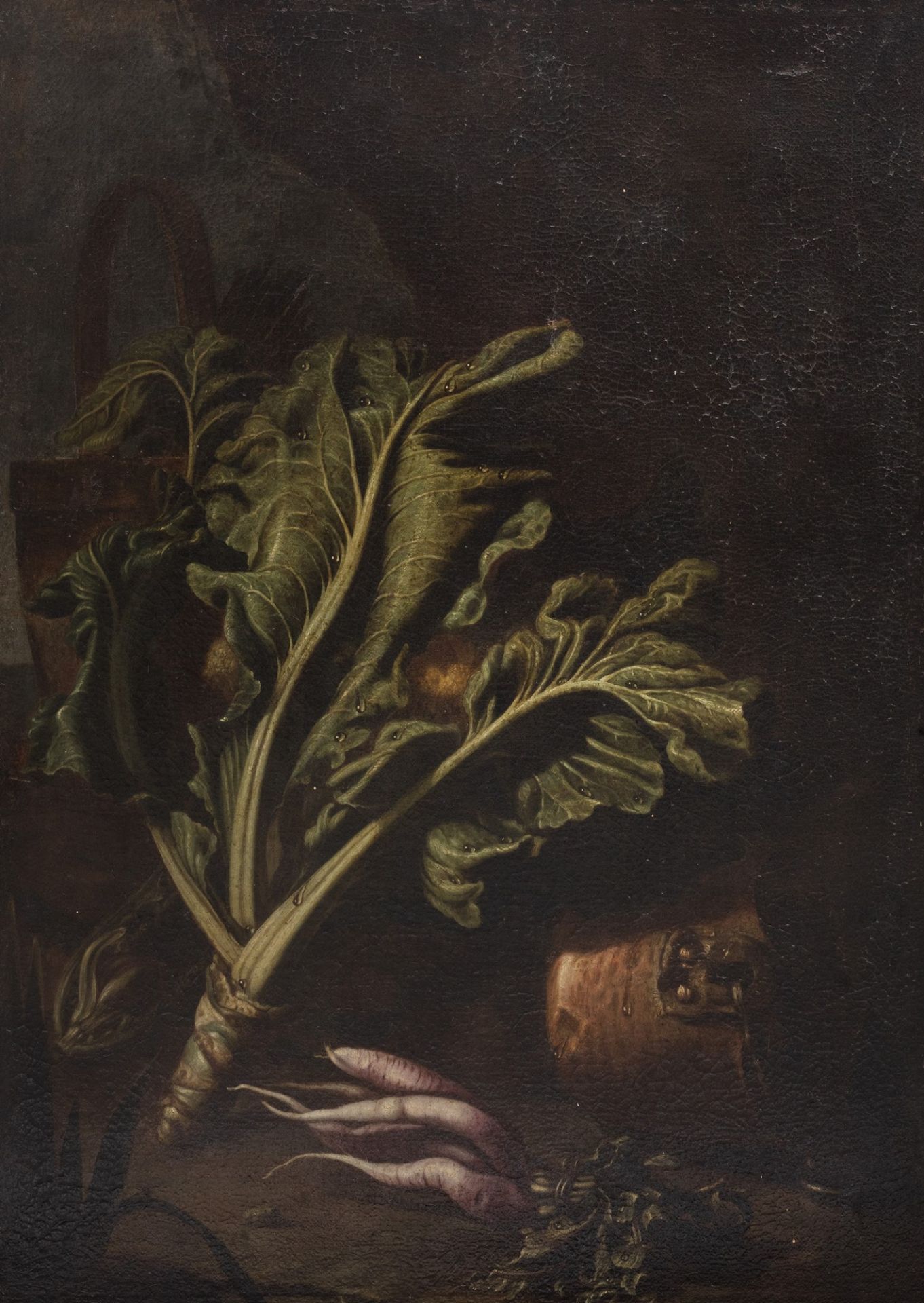 Scuola dell'Italia settentrionale, secolo XVII - Still life with vegetables and copper basin, en ple
