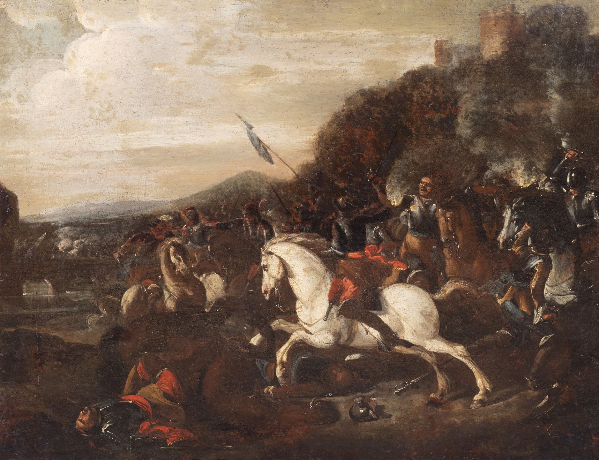 Scuola italiana, secolo XVII - Battle scene with castle in the distance - Image 2 of 2