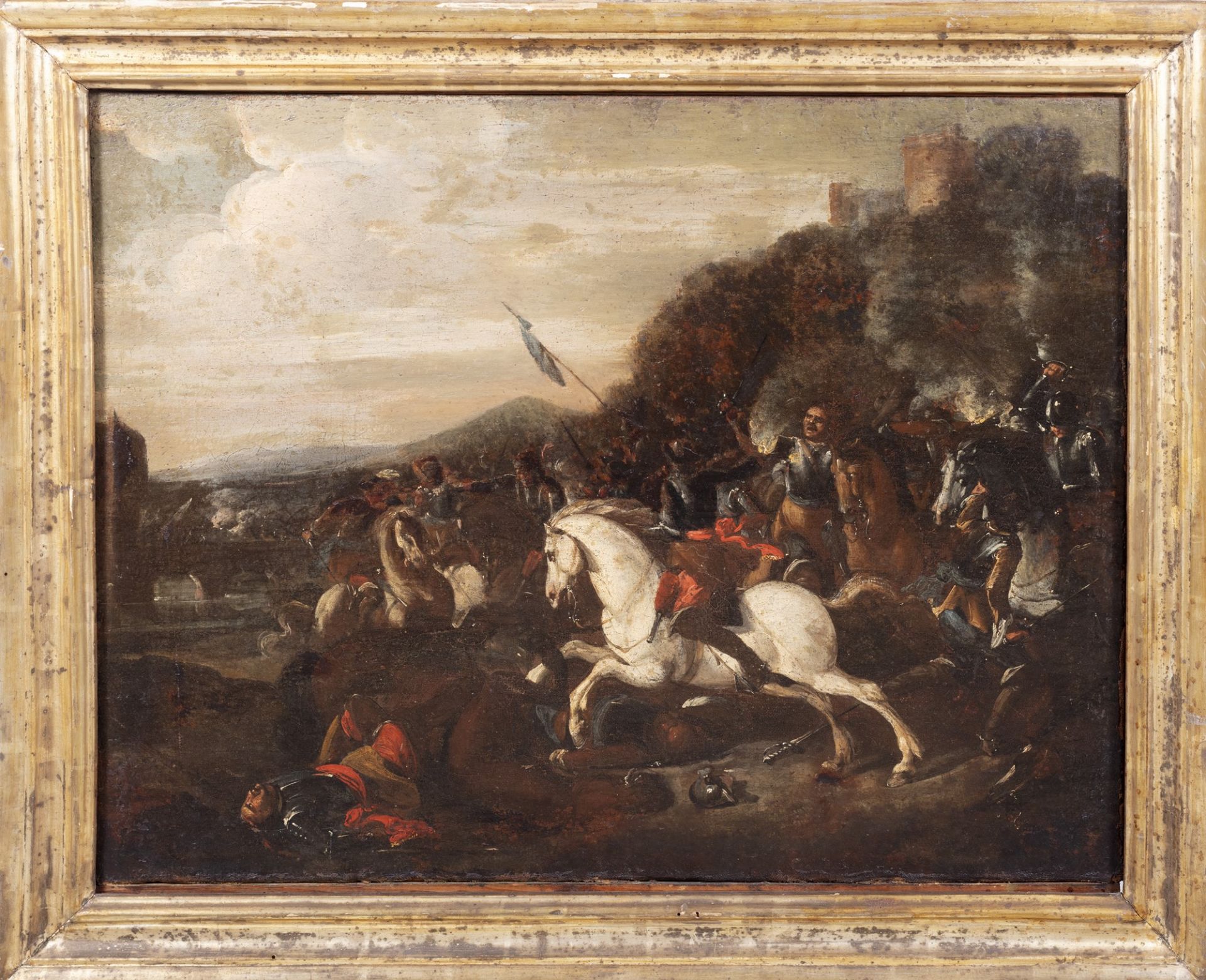 Scuola italiana, secolo XVII - Battle scene with castle in the distance