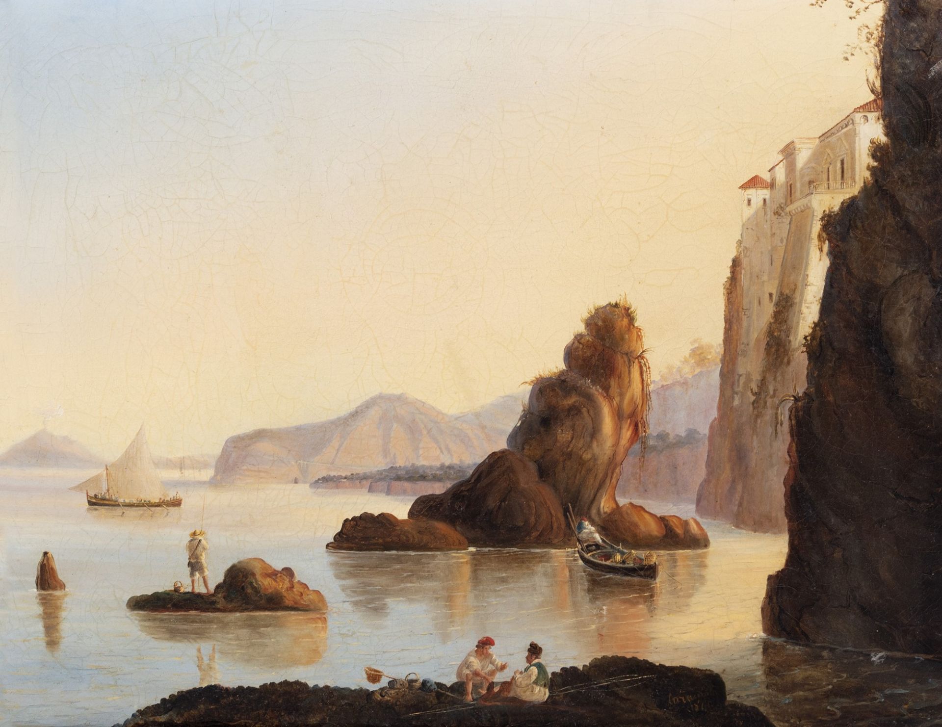Scuola napoletana, secolo XIX - View of the Gulf of Naples from the Sorrento coast, with Vesuvius in