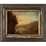 Pittore fiammingo attivo in Italia, fine secolo XVIII - River landscape with figuers, bridge and cir