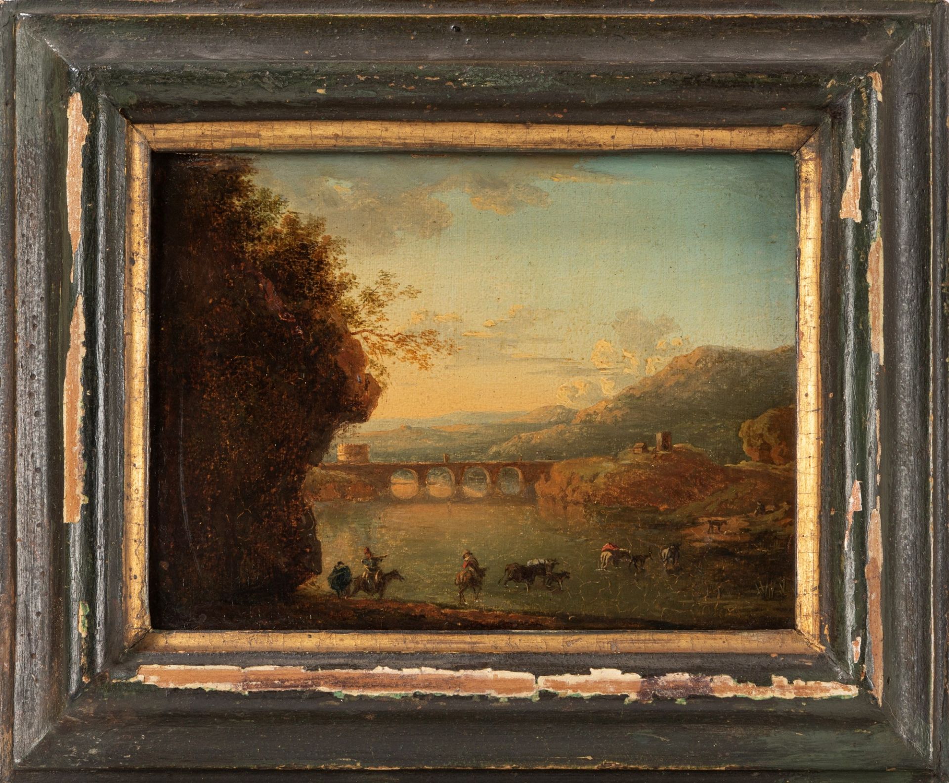 Pittore fiammingo attivo in Italia, fine secolo XVIII - River landscape with figuers, bridge and cir