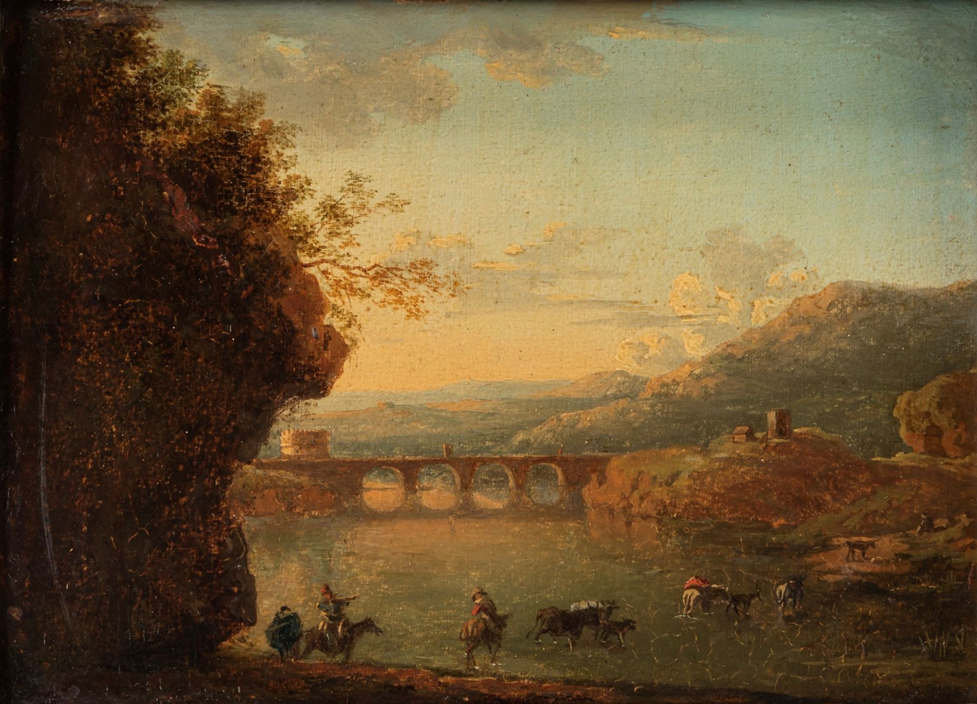 Pittore fiammingo attivo in Italia, fine secolo XVIII - River landscape with figuers, bridge and cir - Image 2 of 3